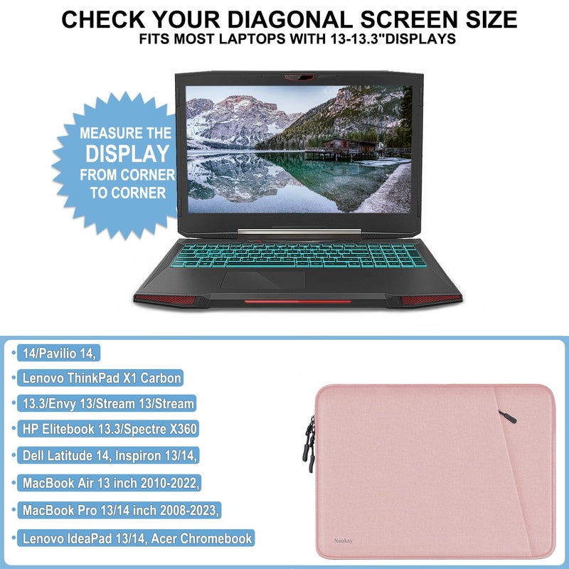 Naukay Laptop Sleeve Bag 13.3 inch  Shockproof Protective Computer Cover with Accessories Pocket  Portable Laptop Case Compatible with MacBook Air/Pro 13-13.3 inch  Compatible for MacBook Pro 14 inch  Pink - Image 4